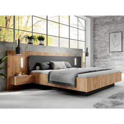 Lit avec chevets 160 x 200 cm - 2 tiroirs - Avec LEDs - Coloris : Naturel et anthracite + Sommier + Matelas - FRANCOLI