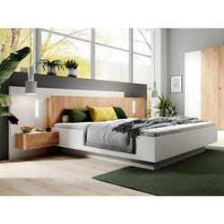 Lit avec chevets 160 x 200 cm - 2 tiroirs - Avec LEDs - Blanc et naturel + Sommier + Matelas - FRANCOLI