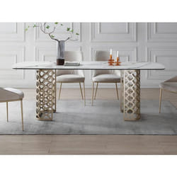 Table à manger 8 personnes en verre trempé et céramique - Effet marbre blanc et doré - GOLDENA