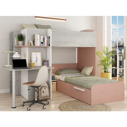 Lits Superposés D'Angle 2 X 90 X 190 Cm - Avec Bureau - Gris, Blanc Et Rose + Matelas - Samuel