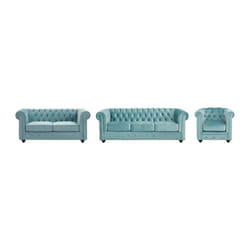 Canapés 3 places et 2 places et fauteuil en velours bleu pastel CHESTERFIELD