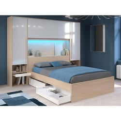 Lit pont 140 x 190 cm avec rangements - avec LEDs - Coloris : Naturel et blanc brillant + Sommier - VELONA
