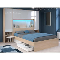 Lit pont 160 x 200 cm avec rangements - avec LEDs - Coloris : Naturel et blanc brillant + Sommier - VELONA