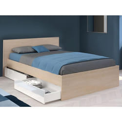 Lit avec 2 tiroirs 140 x 190 cm - Coloris : Naturel et blanc brillant - VELONA