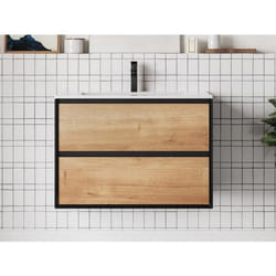 Meuble de salle de bain suspendu avec vasque à encastrer - Coloris naturel clair et noir - 80 cm - LANNICK