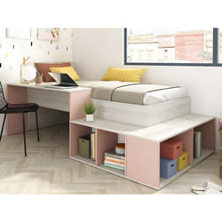 Lit Combiné 90 X 200 Cm Avec Rangements Et Bureau - Coloris : Naturel Et Rose + Sommier - Rigali