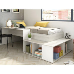 Vente-unique - Lit Combiné 90 X 200 Cm Avec Rangements Et Bureau - Coloris : Naturel Et Blanc + Sommier + Matelas - Rigali