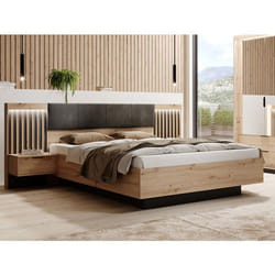 Lit Avec Chevets 160 X 200 Cm - Avec Leds - Coloris : Naturel Et Noir + Sommier - Ariada