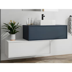 Meuble de salle de bain suspendu bleu nuit et blanc avec simple vasque carrée et deux tiroirs - TEANA II