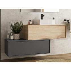 Meuble de salle de bain suspendu naturel clair et anthracite avec simple vasque carrée et deux tiroirs - 94 cm - TEANA II