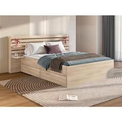 Lit 140 x 190/200 cm avec rangements - Coloris : Naturel + Sommier + Matelas - TENALIA II