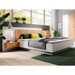 Vente-unique - Lit Coffre Avec Chevets 160 X 200 Cm - 2 Tiroirs - Avec Leds - Coloris : Blanc Et Naturel - Francoli