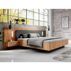 Lit Coffre Avec Chevets 160 X 200 Cm - 2 Tiroirs - Avec Leds - Coloris : Naturel Et Anthracite + Matelas - Francoli