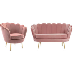 Canapé 2 places et fauteuil coquillage en velours rose dandelion de Pascal Morabito