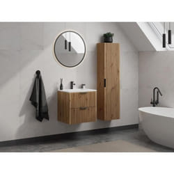 Meuble de salle de bain strié avec vasque à encastrer et colonne - Coloris naturel clair - 60 cm - ZEVARA