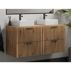 Meuble de salle de bain suspendu strié avec double vasque à poser carrée - Naturel clair - L120 cm - ZEVARA
