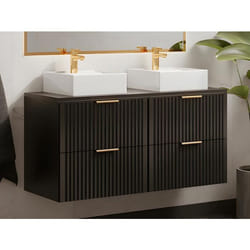 Meuble de salle de bain suspendu strié avec double vasque à poser carrée - Noir - L120 cm - ZEVARA