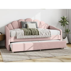 Lit gigogne coquillage 2 x 90 x 190 cm - Velours - Rose + Matelas - ELUSIA