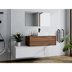 Meuble de salle de bain suspendu naturel foncé et blanc avec simple vasque carrée et deux tiroirs - 94 cm - TEANA II