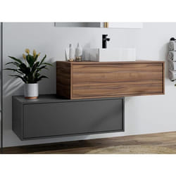 Meuble de salle de bain suspendu naturel foncé et anthracite avec simple vasque carrée et deux tiroirs - 94 cm - TEANA II