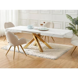 Table à manger extensible 6 à 10 personnes en MDF et métal - Effet marbre blanc et doré - CATONAV