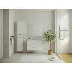 Meuble de salle de bain suspendu simple vasque avec colonne de rangement - Coloris blanc - 80 cm - KAYLA