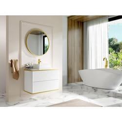 Meuble sous vasque suspendu strié liseré doré - Blanc - L80 cm - KELIZA