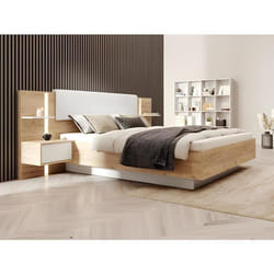 Lit avec chevets 160 x 200 cm - Avec LEDs - Coloris : Naturel et blanc + Sommier + Matelas - ELYNIA