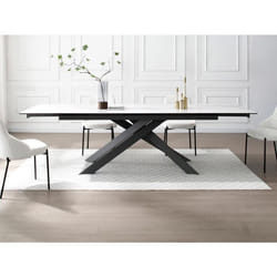 Table à manger extensible 8 à 12 personnes en céramique verre trempé et métal - Effet marbre blanc et anthracite - COREMA de