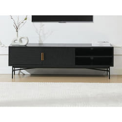 Meuble TV avec 2 portes et 2 niches placage chêne et métal - Noir et Doré - SIRIOLA