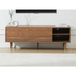 Meuble TV avec 2 portes et 2 niches placage noyer - Naturel et doré - PARIOMA