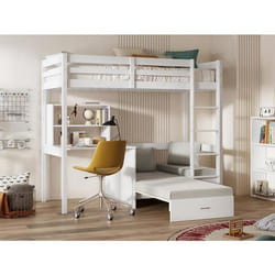Lit mezzanine 90 x 200 cm avec bureau sofa convertible et rangements - Pin et MDF - Blanc - GOLIATH III