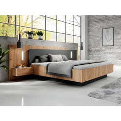 Lit avec chevets 140 x 190 cm - 2 tiroirs - Avec LEDs - Coloris : Naturel et anthracite + Sommier - FRANCOLI