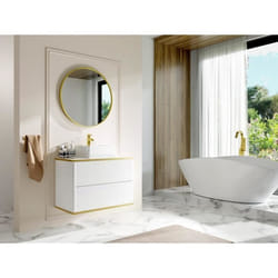Meuble de salle de bain suspendu strié liseré doré avec vasque à poser - Blanc - 80 cm - KELIZA