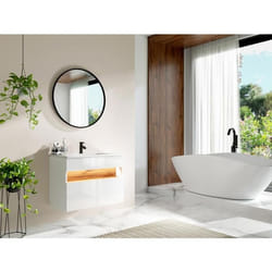 Meuble de salle de bain suspendu à LEDs avec vasque à encastrer - Blanc et naturel foncé - L80 cm - POZEGA