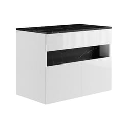 Meuble sous vasque suspendu à LEDs avec planche - Blanc et noir effet marbre - L80 cm - POZEGA