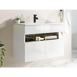 Meuble de salle de bain suspendu à LEDs avec vasque à encastrer - Blanc et noir effet marbre - L80 cm - POZEGA