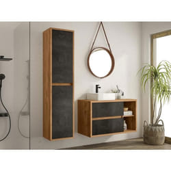 Meuble de salle de bain suspendu avec vasque et colonne - Coloris naturel et anthracite - 100 cm - TIKITIKI