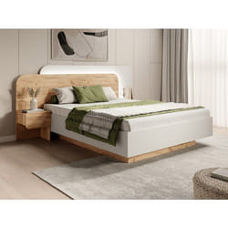 Lit Coffre Avec Chevets 160 X 200 Cm - Avec Leds - Coloris : Naturel Et Blanc + Matelas - Desado