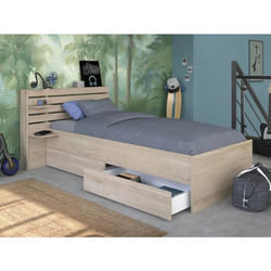 Lit 90 x 190/200 cm avec rangements - Coloris : Naturel + Sommier - TENALIA