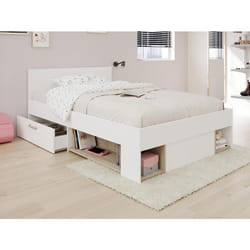 Lit 120 x 190/200 cm avec rangements - Blanc et naturel + Sommier - KINSELIA