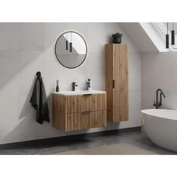 Meuble de salle de bain suspendu strié avec vasque à encastrer et colonne - Coloris naturel clair - 80 cm - ZEVARA