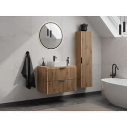 Meuble de salle de bain suspendu strié avec vasque à poser et colonne - Naturel clair - 80 cm - ZEVARA