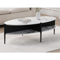 Table basse ovale avec 4 niches en MDF et métal - Effet marbre blanc et noir - EVARO
