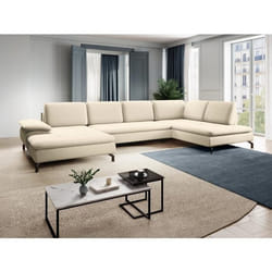 Grand canapé dangle droit panoramique convertible en tissu texturé beige ARCHIBALD