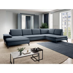 Grand canapé dangle droit panoramique convertible en tissu texturé bleu ARCHIBALD