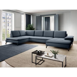 Grand canapé dangle gauche panoramique convertible en tissu texturé bleu ARCHIBALD