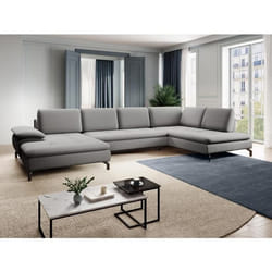 Grand canapé dangle droit panoramique convertible en tissu texturé gris ARCHIBALD