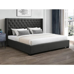 Lit 200 x 200 cm avec tête de lit capitonnée - Tissu - Gris + Matelas - MASSIMO