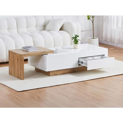 Table basse extensible en MDF avec 1 tiroir et 1 niche - Naturel et Blanc - MANDREA